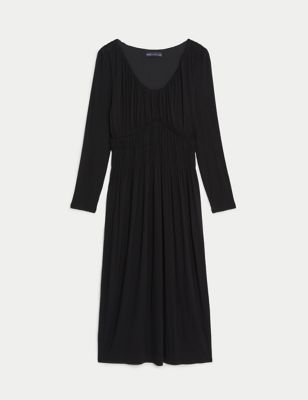 Round Neck Ruched Midi Smock Dress