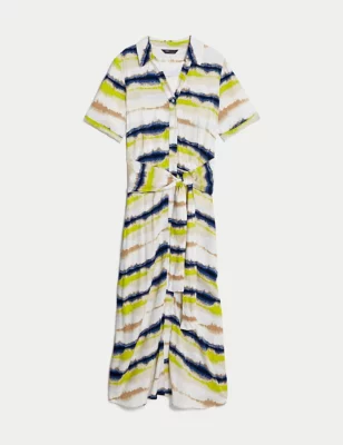 Printed Collared Belted Midi Shirt Dress