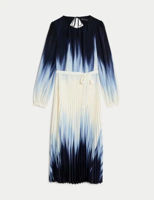 Ombre Tie Waist Pleated Midi Waisted Dress