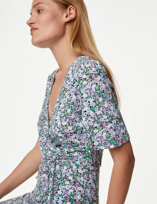 Jersey Printed V-Neck Midi Wrap Dress