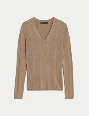 Sparkly Ribbed V-Neck Knitted Top