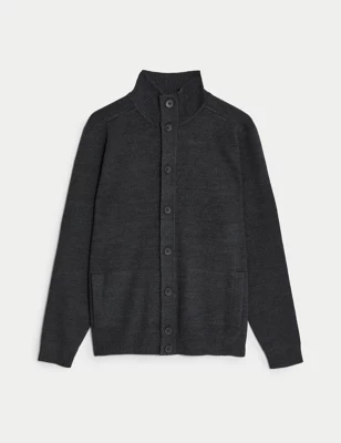 Cotton Blend Funnel Neck Knitted Jacket