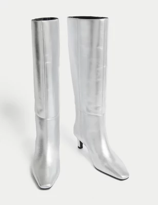 Leather Kitten Heel Knee High Boots