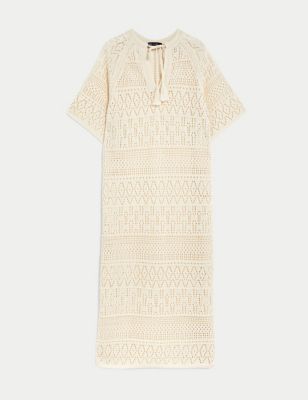 Cotton Blend Pointelle V-Neck Knitted Dress