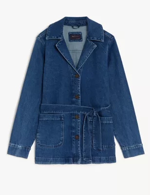 Cotton Rich Denim Belted Revere Collar Jacket