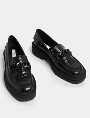 Leather Croc Block Heel Square Toe Loafers