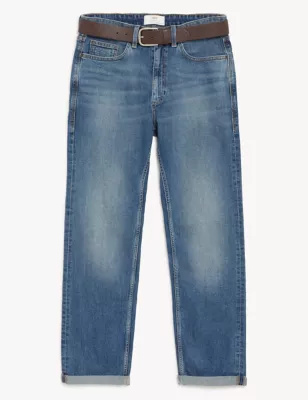 Straight Fit Belted Vintage Wash Jeans