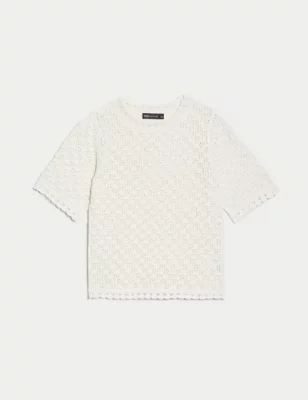 Cotton Blend Textured Crew Neck Knitted Top