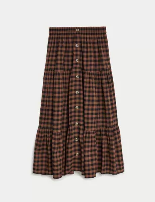 Modal Rich Checked Tiered Midi Skirt