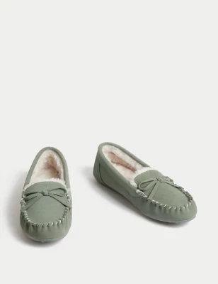 Suede Bow Faux Fur Lined Moccasin Slippers