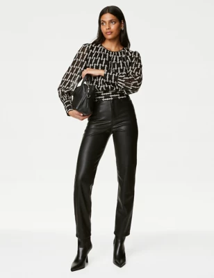 Geometric Round Neck Blouson Sleeve Blouse