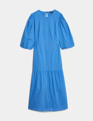 Pure Cotton Broderie Midi Tiered Dress