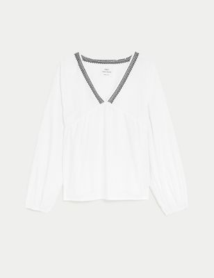 Linen Blend V-Neck Blouse