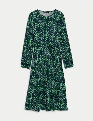 Jersey Printed Belted Midi Tea Dress