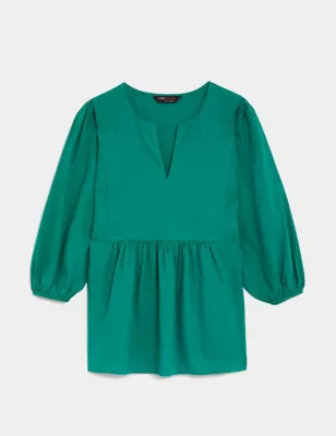 Linen Rich V-Neck Puff Sleeve Blouse