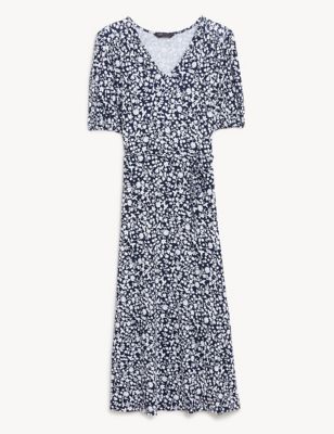 Jersey Printed V-Neck Belted Midi Tea Dress