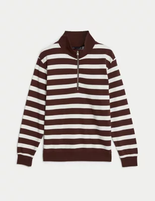 Cotton Rich Striped Half Zip Sweatshirt