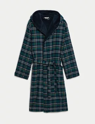 Pure Cotton Checked Hooded Dressing Gown