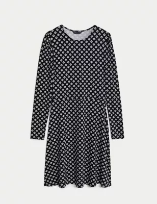 Jersey Printed Round Neck Mini Skater Dress