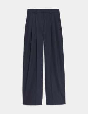 Pinstripe Pleat Front Wide Leg Trousers