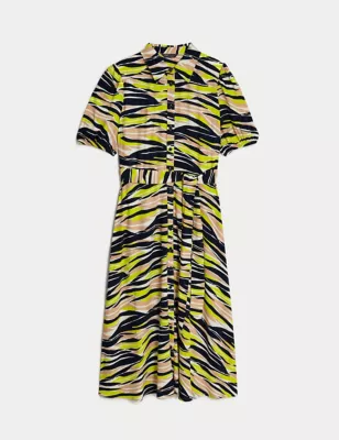 Printed Tie Waist Midi Shirt Dress