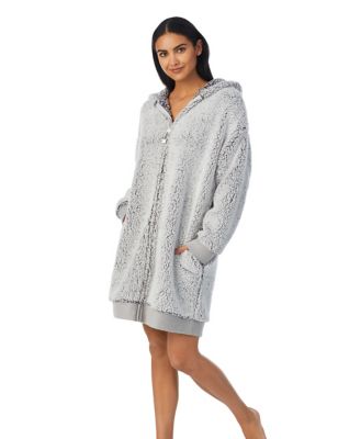 Fleece Long Sleeve Hooded Zip Up Short Robe