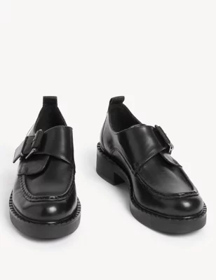 Leather Buckle Block Heel Brogues