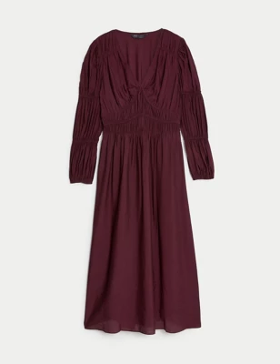 V-Neck Ruched Midaxi Waisted Dress