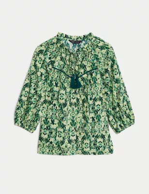 Cotton Rich Printed Tie Neck Blouse