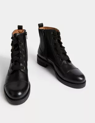 Leather Lace Up Block Heel Ankle Boots