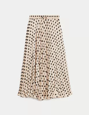 Satin Polka Dot Pleated Midaxi A-Line Skirt