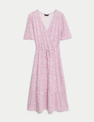Jersey Printed V-Neck Midi Wrap Dress