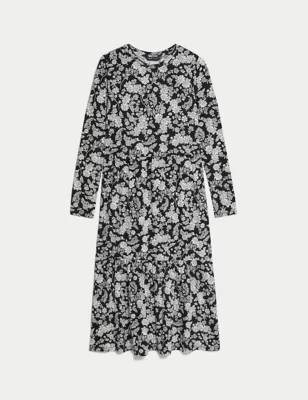 Jersey Printed Round Neck Midi Tiered Dress