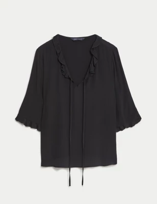 V-Neck Frill Detail Popover Blouse