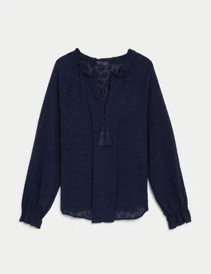 Jacquard Tie Neck Ruffle Popover Blouse