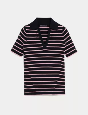 Cotton Rich Striped Collared Knitted Top