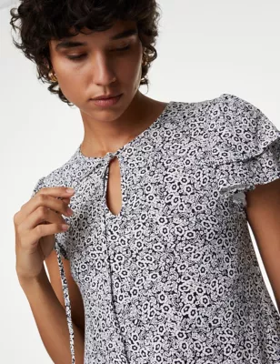 Jersey Printed Tie Neck Mini Smock Dress