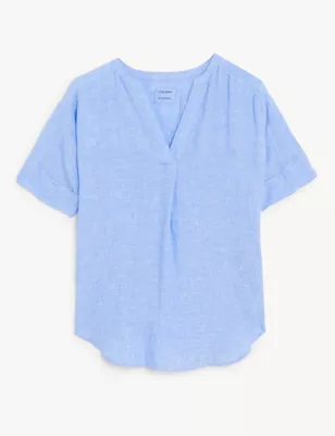 Pure Linen Short Sleeve Popover Blouse