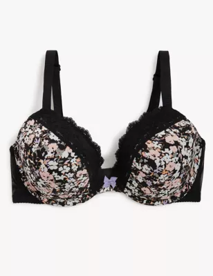 Printed Lace Trim Wired Plunge Bra A-E