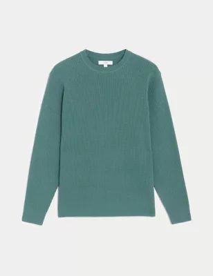 Cotton Blend Textured Crew Neck Jumper