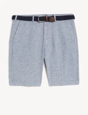 Linen Blend Striped Belted Chino Shorts