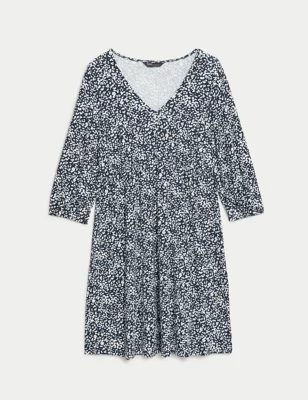 Jersey Printed V-Neck Mini Smock Dress