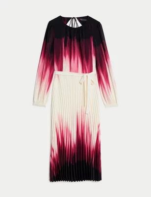 Ombre Tie Waist Pleated Midi Waisted Dress