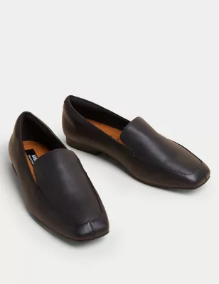 Wide Fit Leather Square Toe Flat Loafers