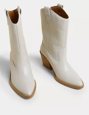 Leather Cow Boy Block Heel Ankle Boots