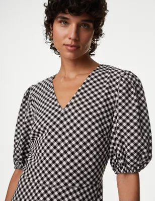 Checked Textured V-Neck Midaxi Tea Dress