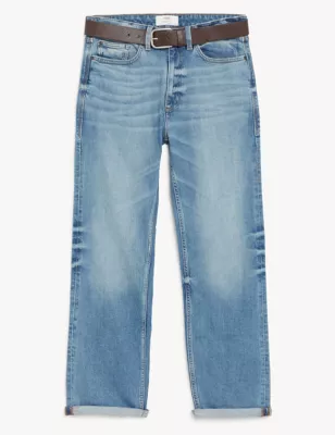Straight Fit Belted Vintage Wash Jeans