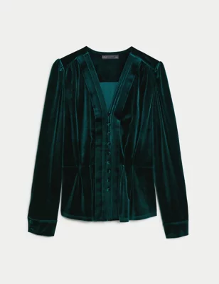Velvet V-Neck Pintuck Blouse