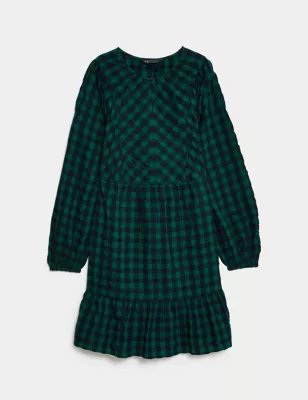 Pure Cotton Checked Knee Length Tiered Dress