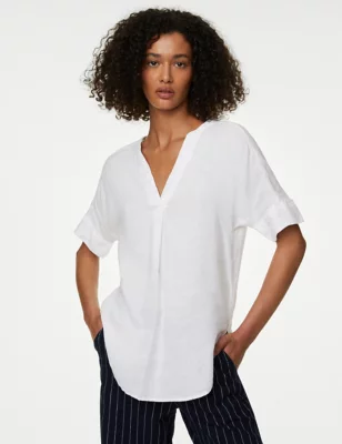 Pure Linen Short Sleeve Popover Blouse
